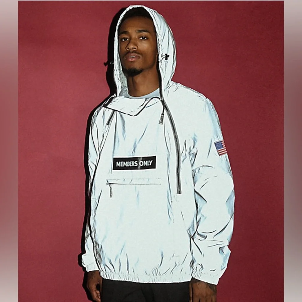 Members Only Space Suit Silver Reflective Pullover Windbreaker Hoodie Size M